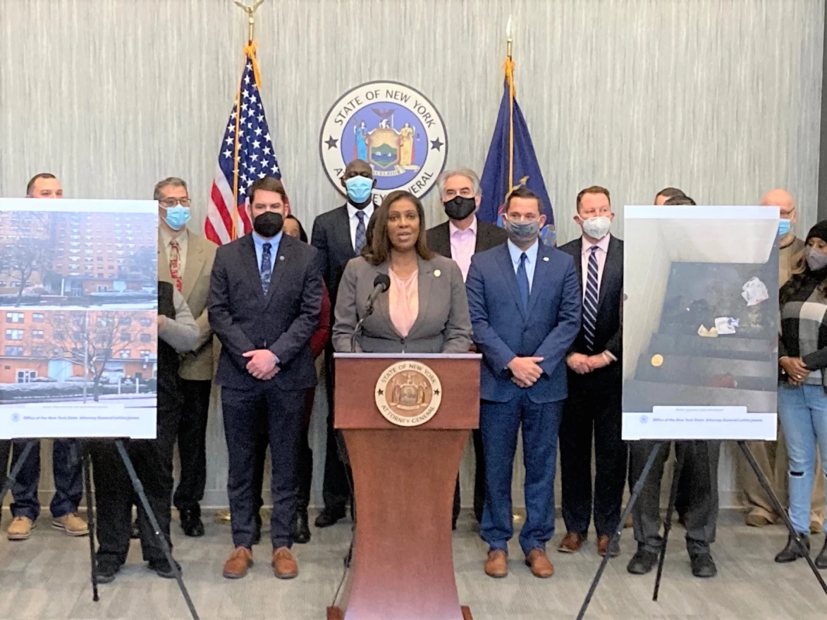 NYS Attorney General Letitia James stops in Syracuse to announce action against Green National, the company that owns the troubled Skyline Apartment complex and other properties.